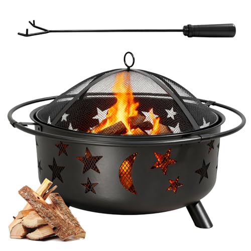 NAFAS 30Inch Round Outdoor Bonfire Firepit Outdoor Fire Pit with Stars used for burning firewood charcoal BBQ with mesh cover and fire poker Stainless Steel for Patio Yard Garden Camping
