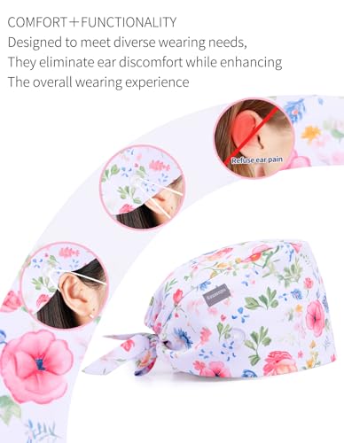 Image of Kousenpu Scrub Caps for Women, Adjustable Women's Surgical Cap with Buttons, Breathable Cute Design for Nurses and Doctors