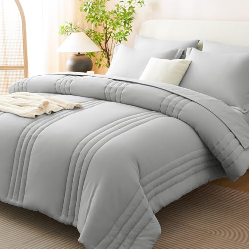 Image of CozyLux Queen Comforter Set Light Grey - 7 Pieces Bed in a Bag, Modern Vertical Quilted Room Decor, Soft All-Season Bedding Gift with Comforter, Sheets, Pillowcases & Shams
