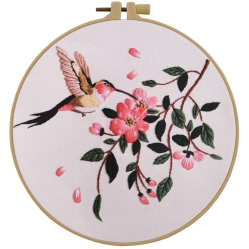 Image of Esffaci Embroidery Starter Kit for Adult Beginner with Hummingbird Flower Pattern Hand Embroidery Set with Cloth Hoop Needle Threader Floss and Instruction
