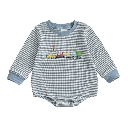 Newborn Baby Boy Fall Outfit Truck/Tool Long Sleeve Sweatshirt Bubble Romper Waffle Knit Striped Bodysuit Clothes
