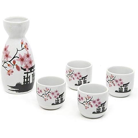 Sake Set Japanese Sake Pot Set Traditional Sake Cup Hand Painted Design Porcelain Pottery Ceramic Crafts Wine Glasses Saki Cups 5 Piece (Cherry Blossoms New) Cover