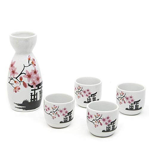 Set per sake giapponesi, set tradizionale di tazze da sakè dipinte a mano, in porcellana, ceramica artigianale, bicchieri da vino, tazze da saki, 5 pezzi (fiori di ciliegio nuovo)