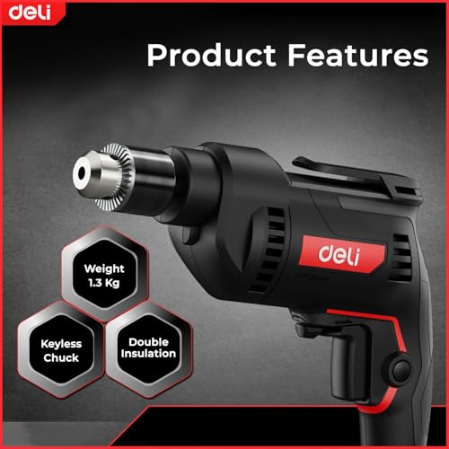 Image of Deli DE-DZ10-2E 500W Corded Electric Drill with 0-3300RPM No-Load Speed 10mm Chuck Size 220-240v ~ 50hz /60hz Power Drilling Machine for DIY & Professional Use (Pack of 1, Black and Red)