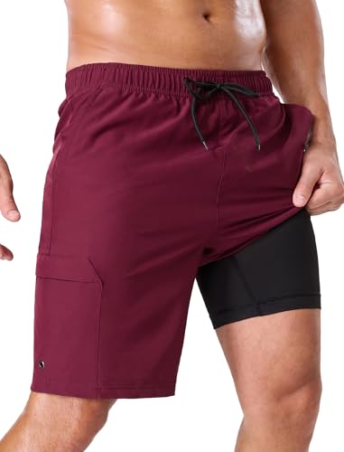 SILKWORLD Mens Swim Trunks with Zipper Pockets Quick Dry 2 in 1 Compression Lined Bathing Suit Stretch Cruise Beach Shorts for Travel, Wine Red, XX-Large