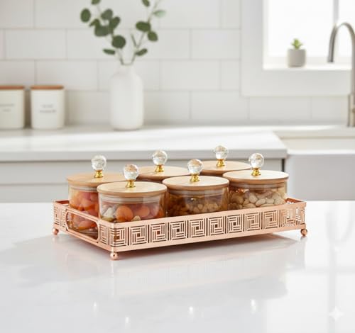 Image of Diwali Serving Dry Fruit Tray, 6 pcs Glass Container Serving Tray Set | 600 ML Each Premium Design Air-Tight Lid Copper Stand Organizer Bamboo jar Lid