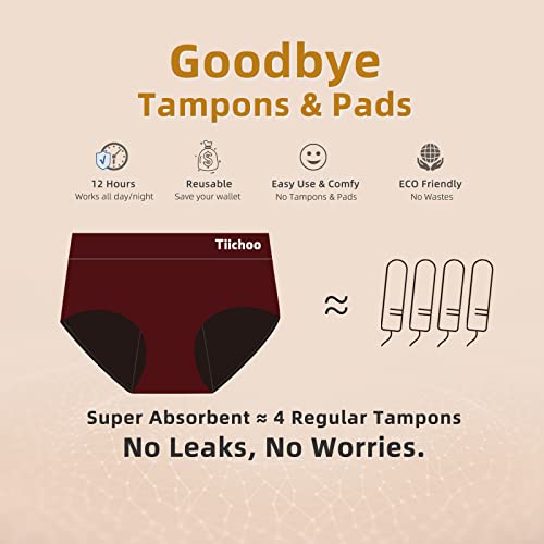 Tiichoo Period Underwear For Women Heavy Flow Soft Bamboo High Waisted Period Panties Briefs Womens Leakproof Underwear 3 Pack (Medium, Black/Dark Red/Dark Gray) #TOP1