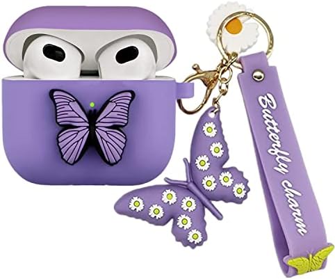 YQG Compatible with Airpods 3rd Gen 2021 Case Cover, Cute 3D Butterfly Fashion Cartoon Liquid Silicone Kids Teens Cases with Fun Cool Keychain for Apple Airpods 3rd Generation Charging Case (Purple)