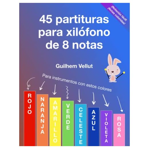 45 partituras para xilófono de 8 notas: Para instrumentos con los colores rojo, naranja, amarillo, verde, celeste, azul, violeta, rosa