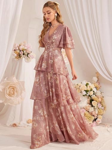 Image of TOLEEN Summer Casual Dresses for Women 2024 Spring Fashion Boho V Neck Long Sleeve Ruffle Floral Print Elegant Maxi Dress