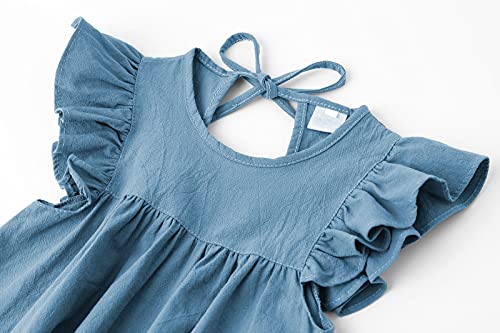 Lyxiof Toddler Baby Girl Cotton Linen Dress Ruffle Sleeve Halter Sleeveless Kids Casual Beach Dresses Blue 90Cm #TOP2