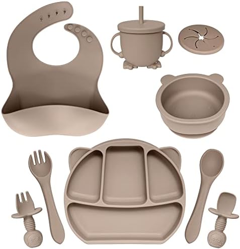 ANARI Baby Led Weaning Supplies | Divided Silicone Suction Toddler Plates and Bowls Set | First Stage Self Feeding Baby Utensils | Baby Feeding Supplies for 6+ months old (Brown)