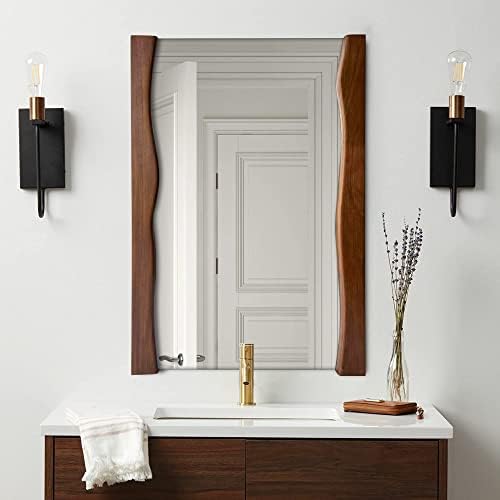 Tanmicoshomy Rectangle Wood Wall Mirror with Live Edge Wood Frame, Asymmetrical 20 x 28 Inch Hanging Vanity Mirrors for Bathroom, Living Room Bedroom or Hallway, Rustic Brown