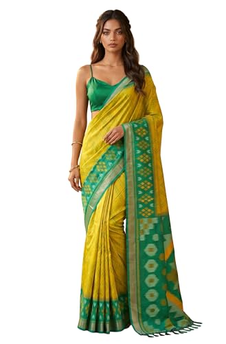 Threadbox Mustard Yellow Green Pochampalli Silk Saree with Ikat Pallu & Unstitched Blouse