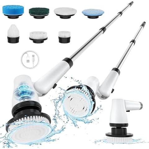 KEROMEE Electric Spin Scrubber Cordless Cleaning Brush with 7 Replaceable Brush Heads & Adjustable Extension Handle, 2 Speed Power Shower Scrubber for Bathroom, Tub, Tile, Floor (White) Cover