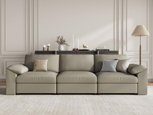 Image of EASE MOOSE 3 Seater Deep Seat Sectional Sofa,Scratch Resistant Faux Leather Material, Oversized Modular Couch for Living Room,Modern Comfy Sofas for Small Spaces, Light Grey