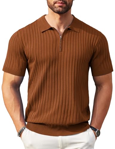 COOFANDY Polo de manga corta con cremallera para hombre, punto acanalado, a la moda, informal, para golf, Marrón, Large