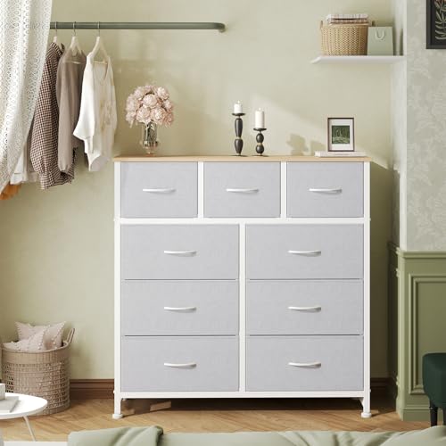 Image of OLIXIS 9 Drawer Tall Dresser for Bedroom, Closet Organizers and Storage | Fabric Dresser with Wooden Top, Chest of Drawers for Clothes Storage, Tower Cabinet, Furniture, TV Stand, Light Grey