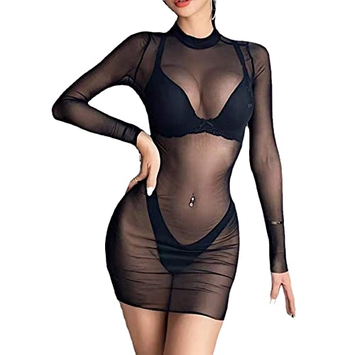 FFWTPY Damen Strandkleid Sexy Bikini Cover Up Strandurlaub Badeanzug Sommer Durchsichtig Strandponcho Schwarz Mesh Kleid Sommerkleid Bademode Beachwear Party Clubwear Cover