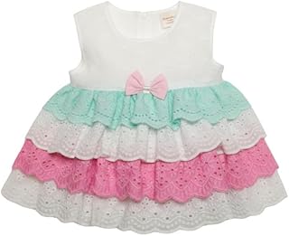TBM Baby Girls White with Pink & Mint Green Color Cotton Plain Frock Dress with Bow & Layered Frill Design, Soft Comfortab... Price In India