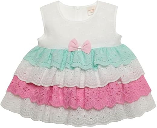 TBM Baby Girls White with Pink &amp; Mint Green Color Cotton Plain Frock Dress with Bow &amp; Layered Frill Design, Soft Comfortab...