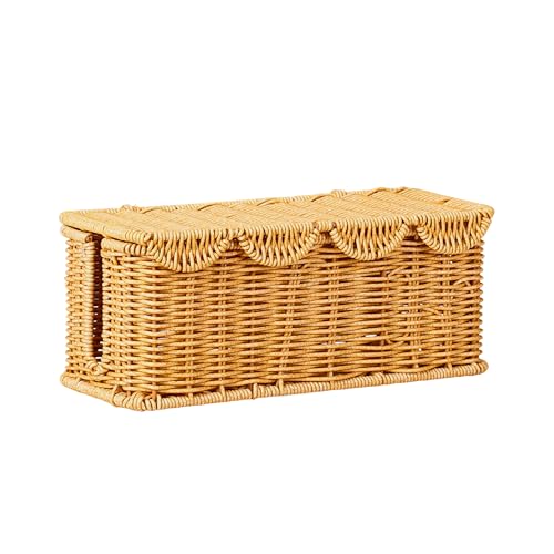 Cable Management Box Scalloped Faux Rattan Cord Organizer Basket with Lid Decorative Cord Hider Box with 2 Cable Slots for Power Strip Small Router USB Hub Desk TV Stand & Home Office Natural