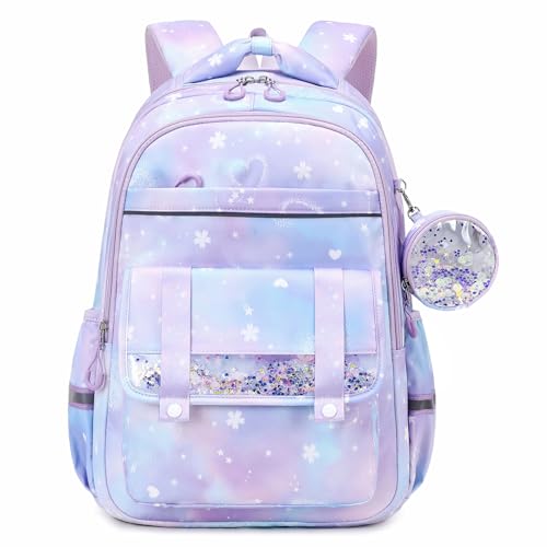 MUSEVOS Kids School Backpacks for Girls: Cute Kawaii Bow Book Bag with Large Lots of Pockets for Elementary Age 6-14 Purple