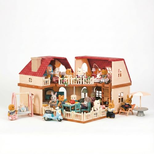 OLEOCA Family Grand Doll House — Light-Up 2-Story Cozy Cabin with Furniture & Bunny Figure, Complete Dollhouse Playset for Creative Pretend Play, Gift for Kids Ages 3+