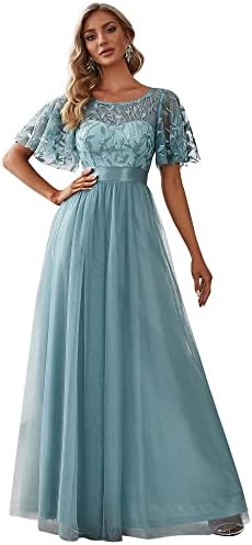 Ever-Pretty Women's A-Line Empire Waist Embroidery Formal Dresses Wedding Party Dress Light Blue US16