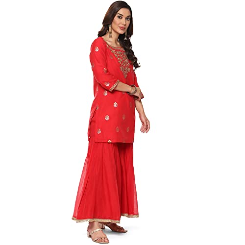 Image of BIBA Women Poly Cotton Straight Embroidered Suit Set