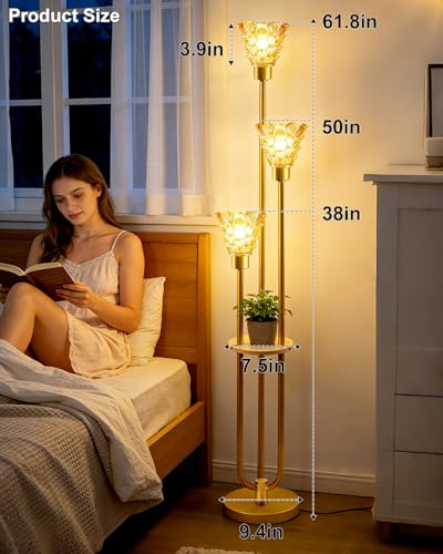 Image of 3-Light Modern Glass Floor Lamp with Shelf, Gold Tall Standing Lamp with Amber Flower Glass Shade, LED Floor Lamp with Foot Switch& 5Lbs Heavy Base for Living Room Bedroom, Bulb Included