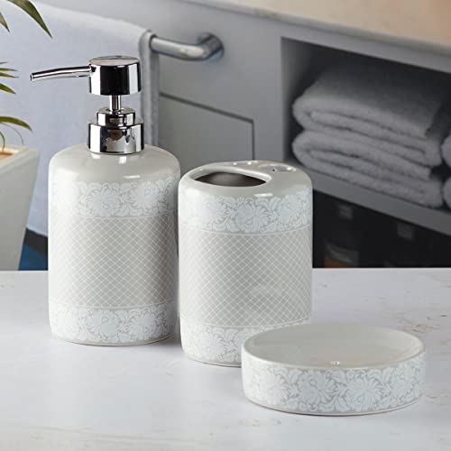 Image of SaSaSa Ceramic Bathroom Set of 3 Modern Bath Accessories Kit with Soap Dispenser, Toothbrush Holder & Dish - Stylish & Elegant Bathroom Decor, Grey /White (5766)