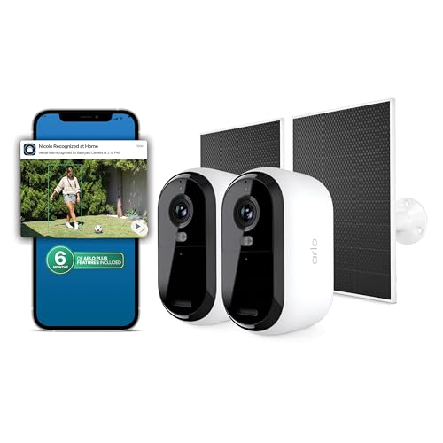 Arlo Essential Security Camera 2K (3rd Gen 2025 Release) 2 Cam + 2 Solar Panels + 6 Months of Secure Plus Plan - Wireless Outdoor Camera Battery Power Person Recognition Package Detection White