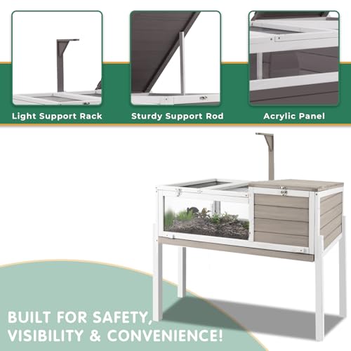 Tortoise Habitat Tank Indoor Outdoor, Wooden Tortoise House with Detachable Legs, 2-Room Reptile Turtle Enclosure Cage for Small Animals, Lamp Holder,Leakproof Tray, Grey