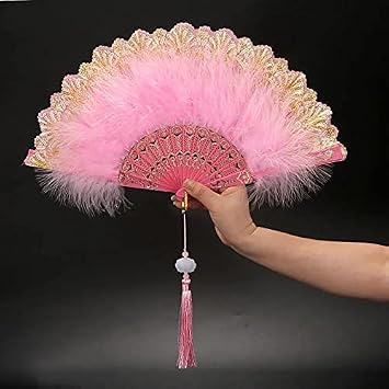 LORGL Hand Fan Retro Style Folding Fan Feather Folding Fan Japanese Sweet Fairy Court Dance Hand Fan with Pendant Gift Wedding Party Decoration