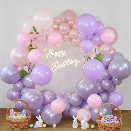 Image of Pastel Pink and Purple Balloons, Princess Pearl Light Pink Purple Orange Latex Helium Party Easter Balloons for Girl Women Bridal Baby Shower Wedding Mermaid Butterfly Fairy Birthday Party Decorations