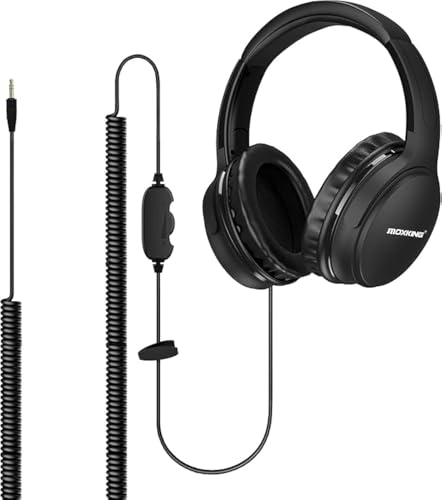 MOXKING 19.5Ft / 6M Extra Long Cord Headphones for TV PC with Volume Control, Spring Coiled Cable, 3.5mm AUX, Wired Over Ear Earphones for Seniors Hard of Hearing, Large Comfortable Computer Headset