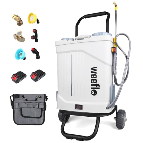 Weeflos Battery Powered Backpack Sprayer 4 Gallon Electric Sprayer with Wheeled Cart 100 PSI High Pressure 2X 21V Rechargeable Batteries Garden Sprayer for Outdoor Cleaning & Washing