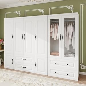 Modern 6 Door Armoire Wardrobe Closet with 4 Drawers Wardrobe Closet Spacious Storage Cabinet with 3 Hanging Rods & Shelves Tall Wardrobe Closet for Bedroom White Modern 6 Door Armoire Wardrobe Closet with 4 Drawers Wardrobe Closet Spacious Storage Cabinet with 3 Hanging Rods Shelves Tall Wardrobe Closet for Bedroom White