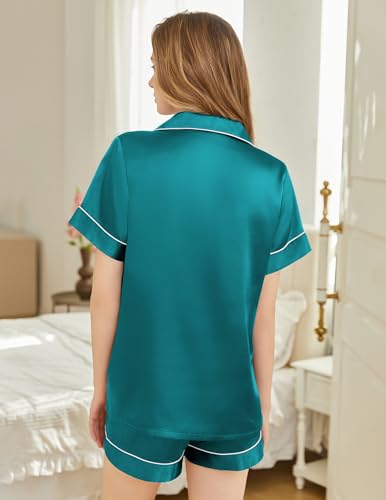 Image of Silk Pajamas for Women Short Sleeve Sleepwear Soft Button Down Loungewear 2 Piece Satin Pjs Shorts Set S-XXL