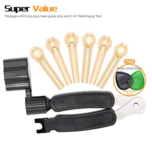 Taigoehua Guitar Bridge Pins 6pcs Pure copper Endpin 6 String Pegs with Guitar String Winder and Cutter-3 In1 Restringing Tool