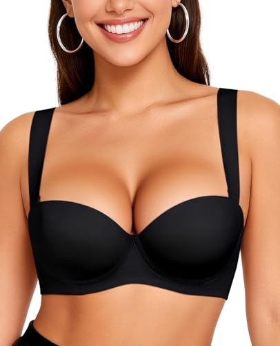 Upushall Push Up Padded Bra Add 1 Cup Balconette Underwire Support Back Smoothing T-Shirt Bras for Women Black 36C