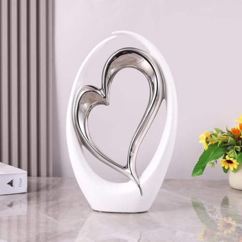 Escultura doble corazón blanca y plateada en cerámica miniatura 6