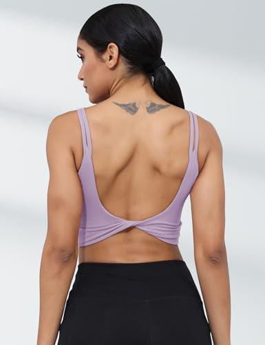 Image of LUYAA Womens Workout Sports Bras Backless Padded Yoga Tank Tops Crop Twist Low Back Cami Bra for Gym