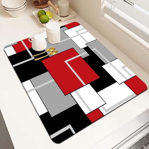 MCALK Geometric Red Dish Drying Mat for Kitchen Counter, Grey Dish Drying Pad with Anti-Slip Rubber Base, Absorbent Kitchen Sink Mat with Modern Art Decor (1 pc 18" x 16")