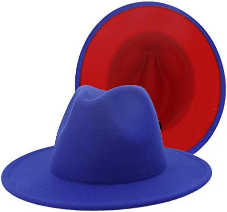 REVKI Wide Brim Fedora Hats for Women Dress Hats for Men Two Tone Panama Hat with Belt Buckle (Blue)
