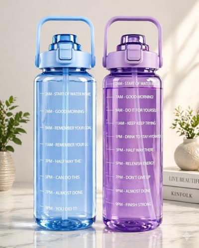 Image of Motivational Water Bottle 2 Litre with Time Marker | Leak Proof BPA Free Gym Bottle | Sports Drinking Bottle with Straw & Handle for Office, Gym, School (BLUE & PURPLE)
