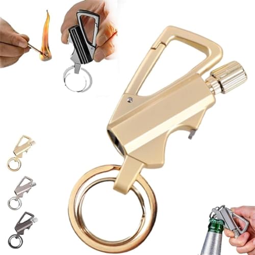 Ashopfun Keychain Lighter Match Strike,Permanent Match Infinity Lighter with Multitool Keychain Bottle Opener,Waterproof Reusable Matchstick,Infinity Kerosene Lighters for Outdoor Survival (Gold)