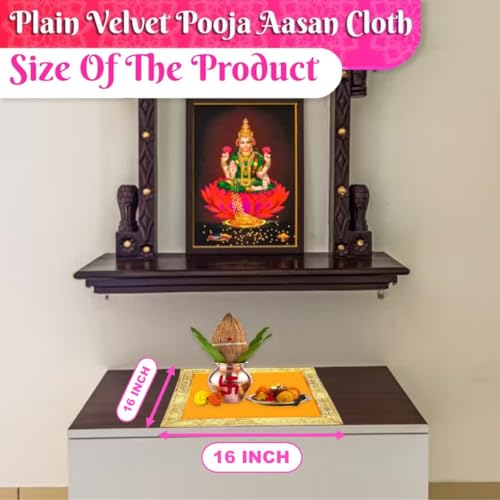 Image of Bhakti Lehar (16 x 16 Inch) Plain Orange Velvet Pooja Aasan for God Idol /Chowki Aasan Kapda Cloth for Temple Shelf Home Mandir, Ganesh Baithak and God Idol Sitting - Pack of 2