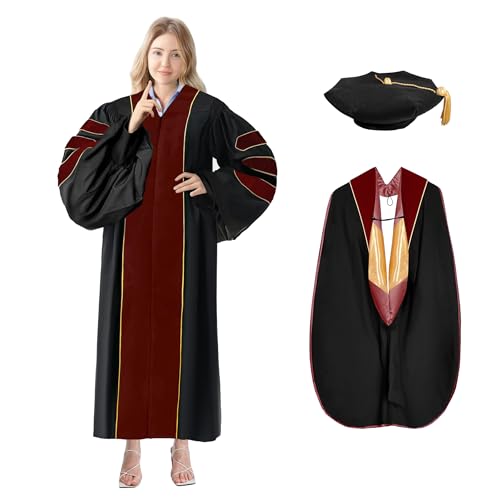 Happy Secret Unisex Deluxe Graduation Gown with Gold Piping - Doctoral Hood and Tam - 8 Sided Package